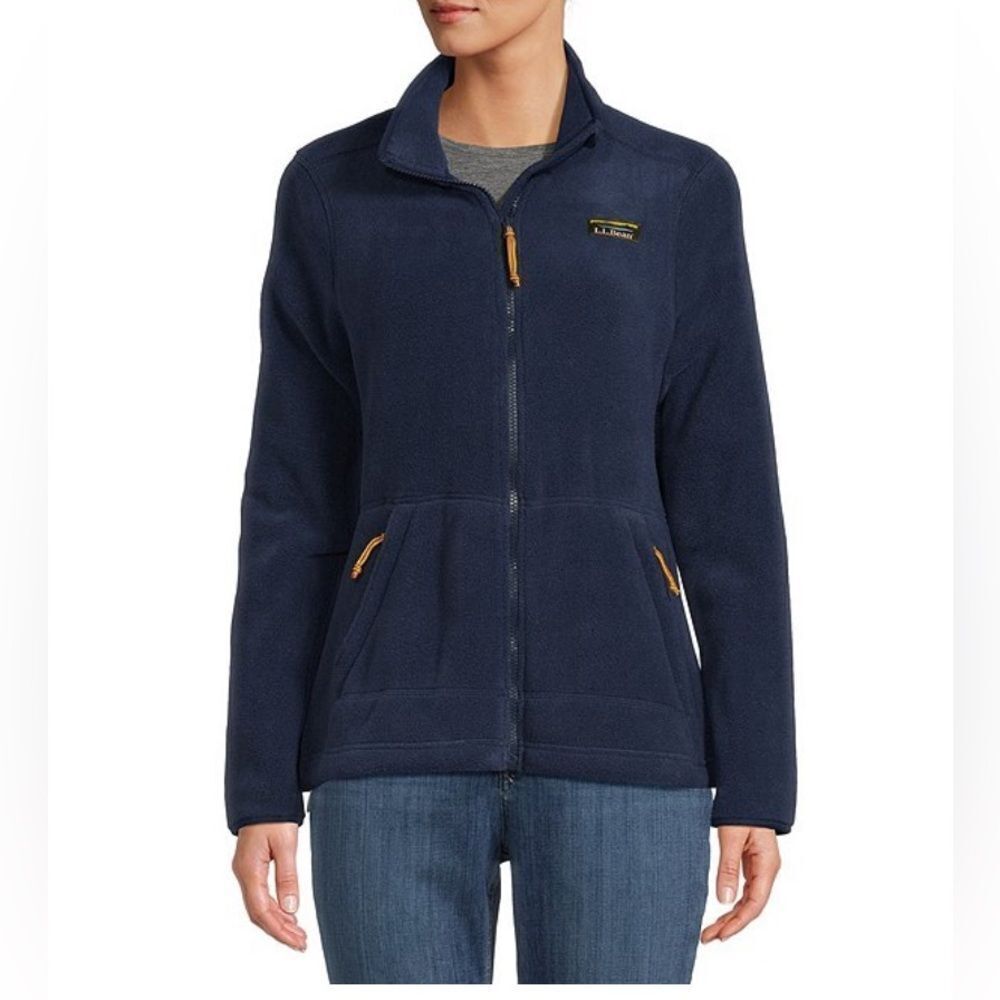 L.L.Bean Navy Blue Fleece Jacket with Leather Trim Full Zip Outdoor Casual Coat
